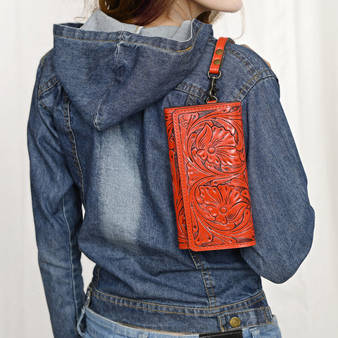 American Darling Hand Tooled Floral Leather Clutch & Crossbody Wallet