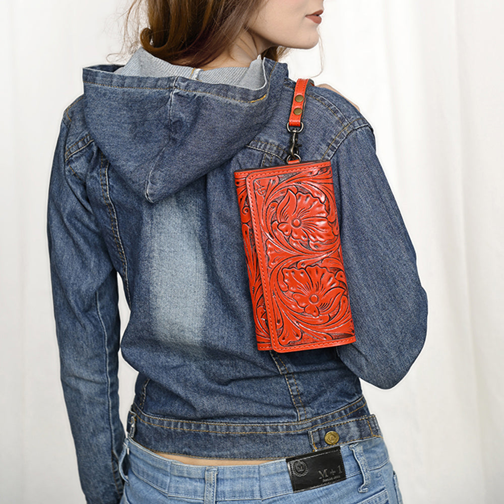 ADBG1132 Tooled Leather Western Wristlet Clutch-Handcrafted Cowhide Wallet by American Darling