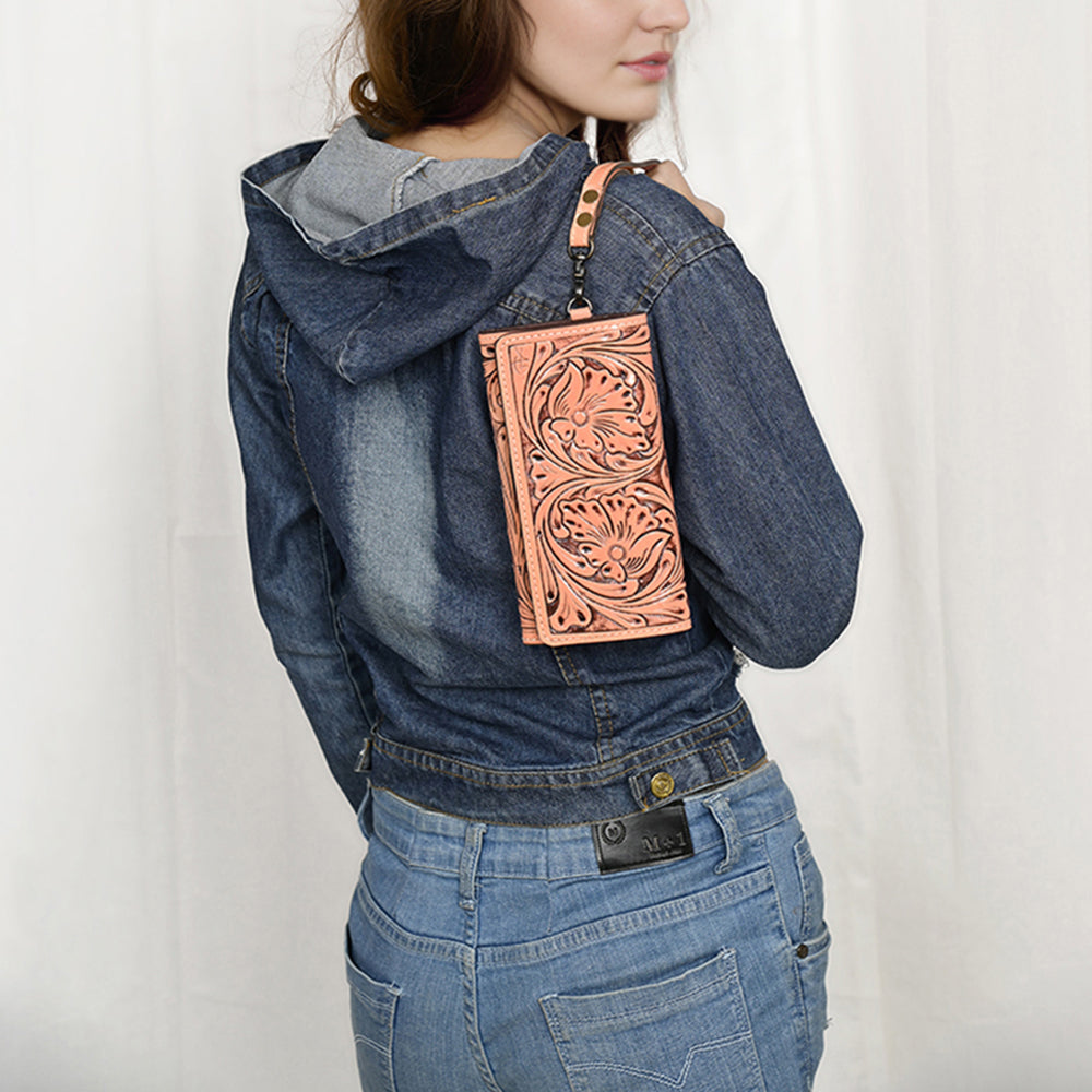 ADBG1132 Tooled Leather Western Wristlet Clutch-Handcrafted Cowhide Wallet by American Darling