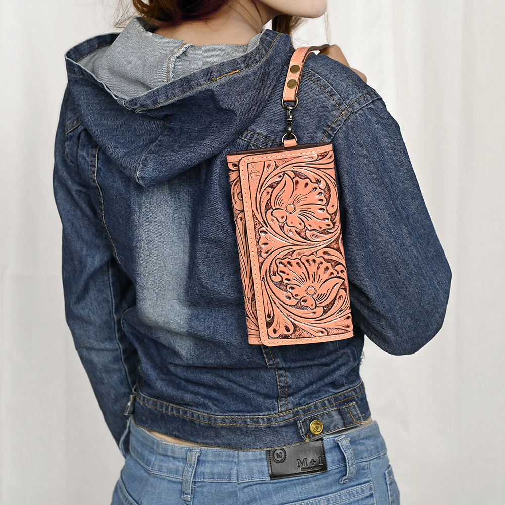 ADBG1132 Tooled Leather Western Wristlet Clutch-Handcrafted Cowhide Wallet by American Darling