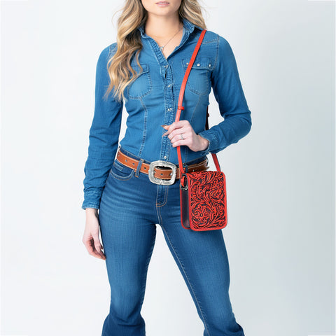American Darling Hand Tooled Floral Leather Cell Phone Bag Western Crossbody