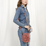 ADBG1135 Hand-Tooled Leather Western Cell Phone Crossbody Pouch-Genuine Cowhide by American Darling