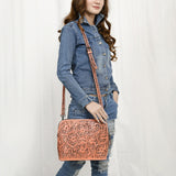 ADBG1138 Hand-Tooled Leather Crossbody Bag - Genuine Western Floral Carved Purse