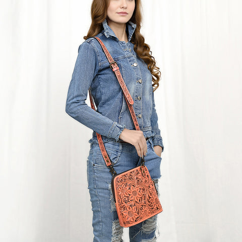 American Darling Hand-Tooled Western Leather Clutch Bag - Genuine Carved Artisan Women Wristlet