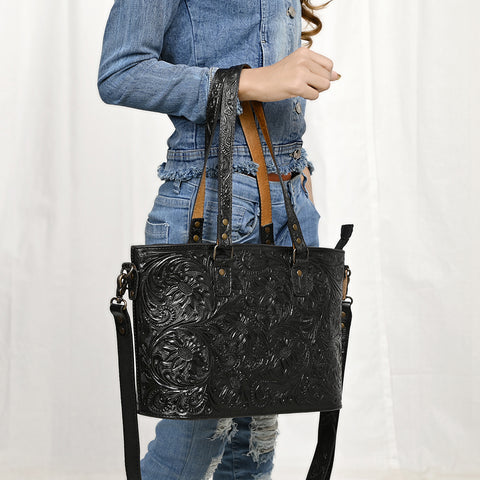 American Darling Hand Tooled Leather Tote -Western Floral Carved Purse