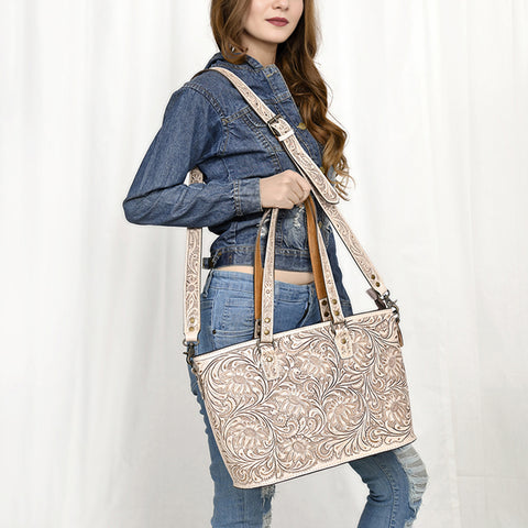 American Darling Hand Tooled Leather Tote -Western Floral Carved Purse