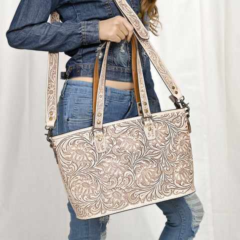 American Darling Hand Tooled Leather Tote -Western Floral Carved Purse