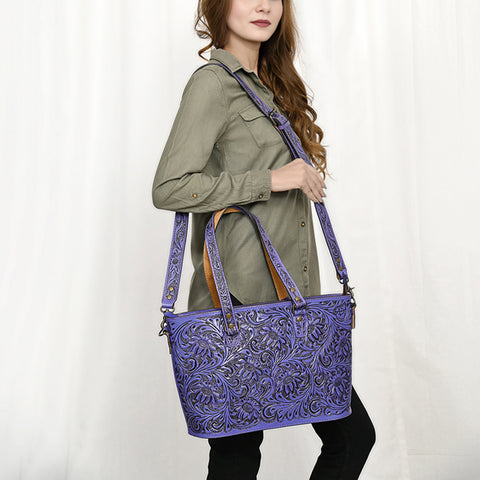 American Darling Hand Tooled Leather Tote -Western Floral Carved Purse