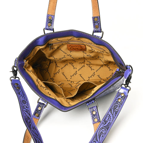 American Darling Hand Tooled Leather Tote -Western Floral Carved Purse