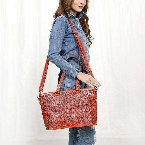 ADBG1141 American Darling Hand Tooled Leather Tote -Western Floral Carved Purse