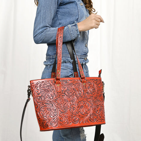 American Darling Hand Tooled Leather Tote -Western Floral Carved Purse