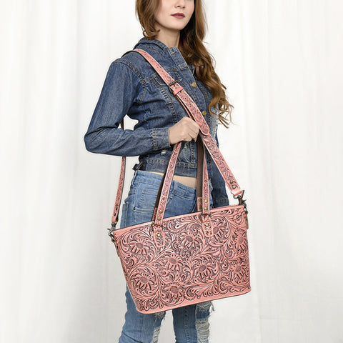 American Darling Hand Tooled Leather Tote -Western Floral Carved Purse
