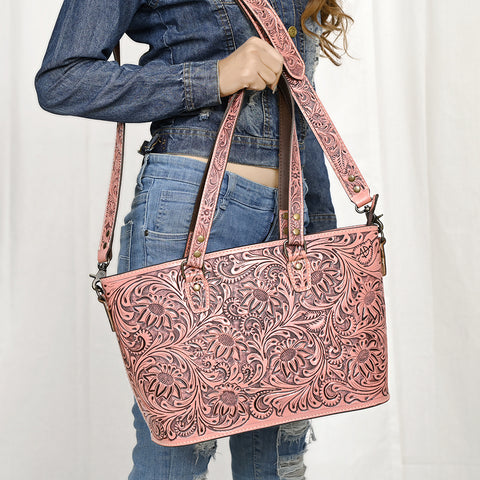 American Darling Hand Tooled Leather Tote -Western Floral Carved Purse