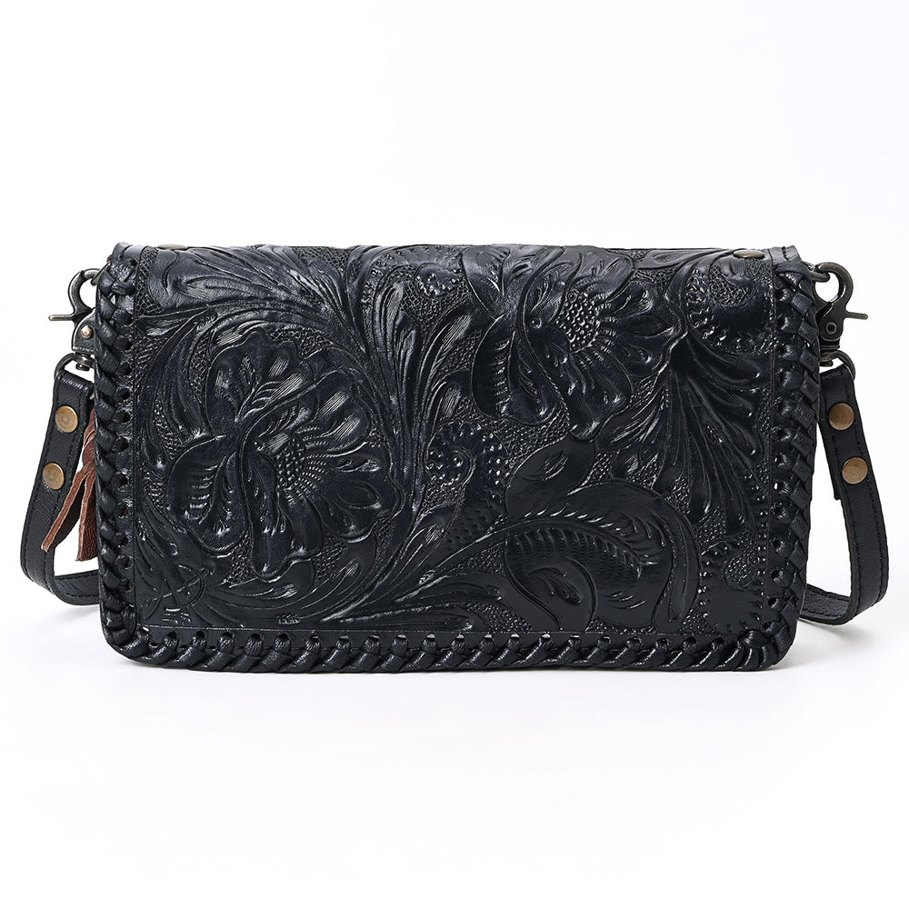 American Darling Western Hand-Tooled Leather Clutch Bag with Floral Carving