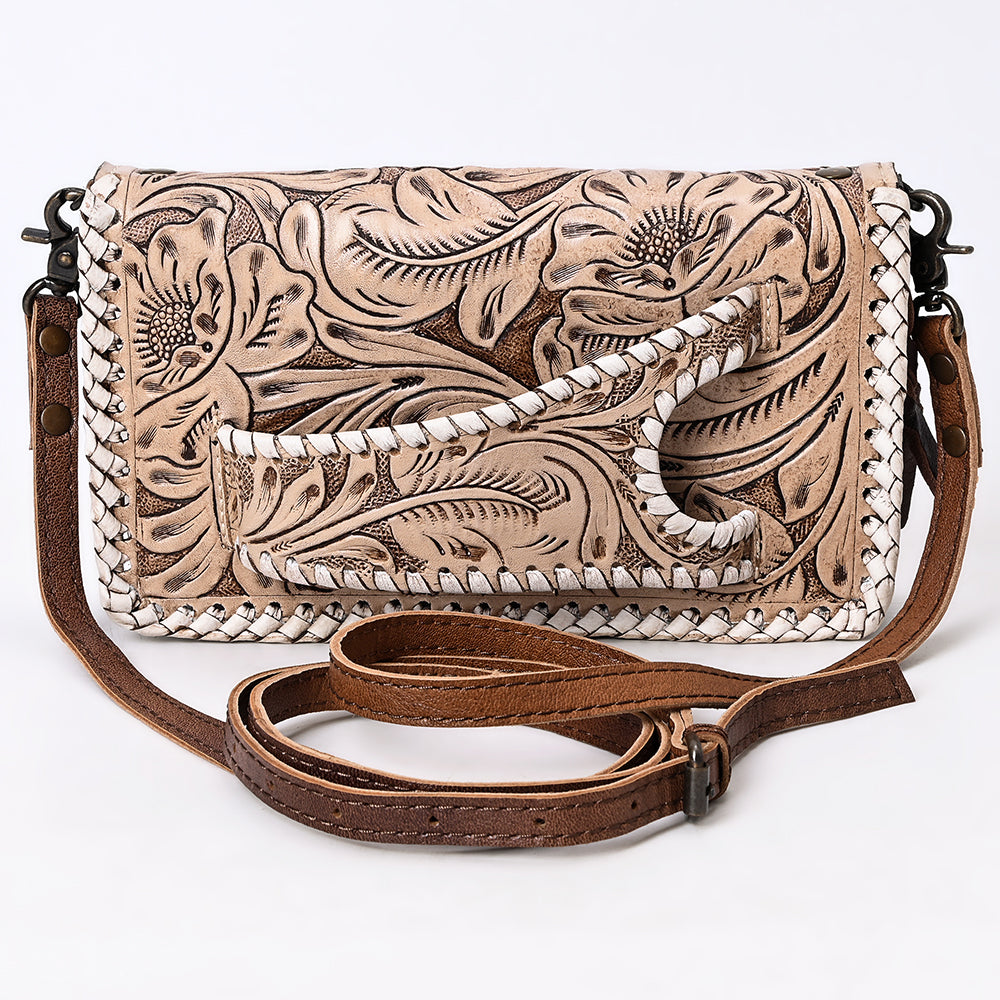 American Darling Western Hand-Tooled Leather Clutch Bag with Floral Carving