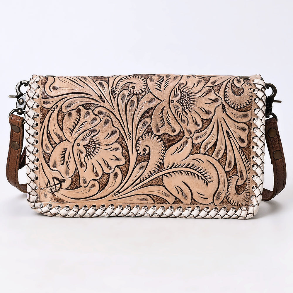 American Darling Western Hand-Tooled Leather Clutch Bag with Floral Carving