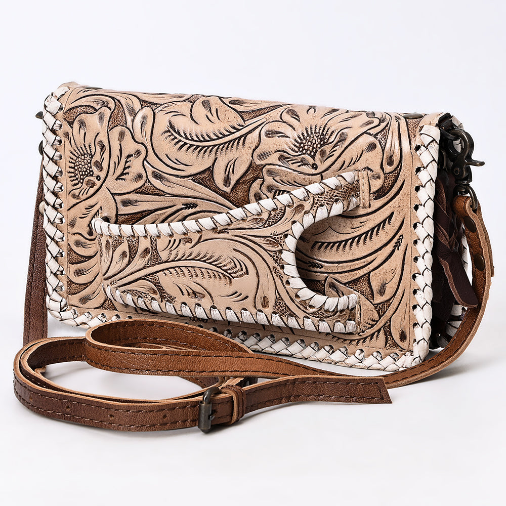 American Darling Western Hand-Tooled Leather Clutch Bag with Floral Carving