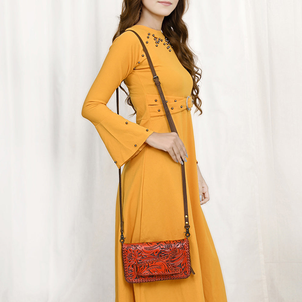 American Darling Western Hand-Tooled Leather Clutch Bag with Floral Carving