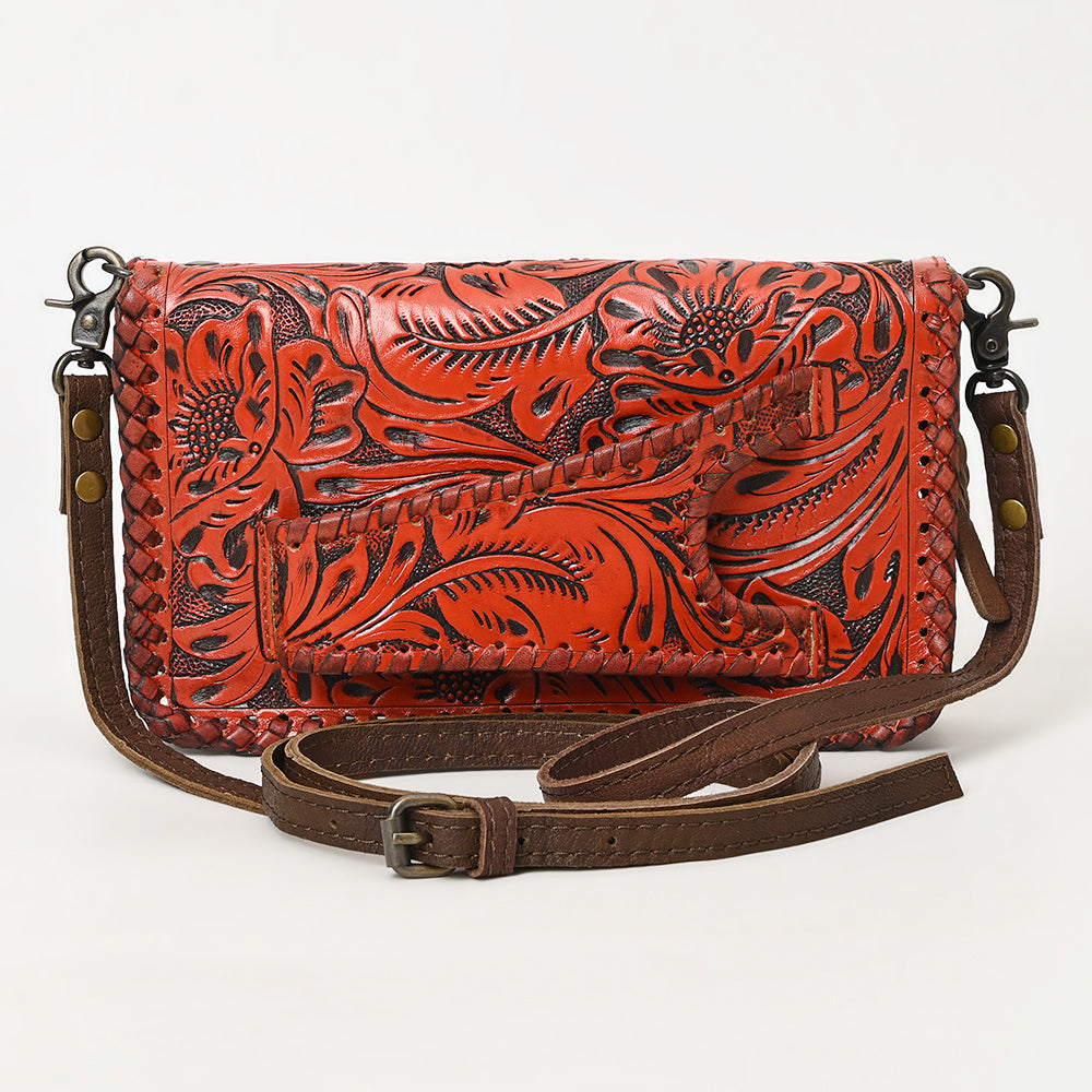 American Darling Western Hand-Tooled Leather Clutch Bag with Floral Carving