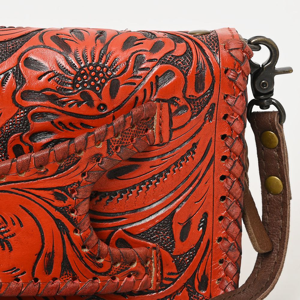 American Darling Western Hand-Tooled Leather Clutch Bag with Floral Carving