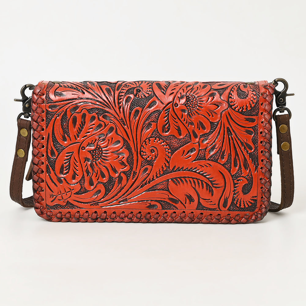 American Darling Western Hand-Tooled Leather Clutch Bag with Floral Carving