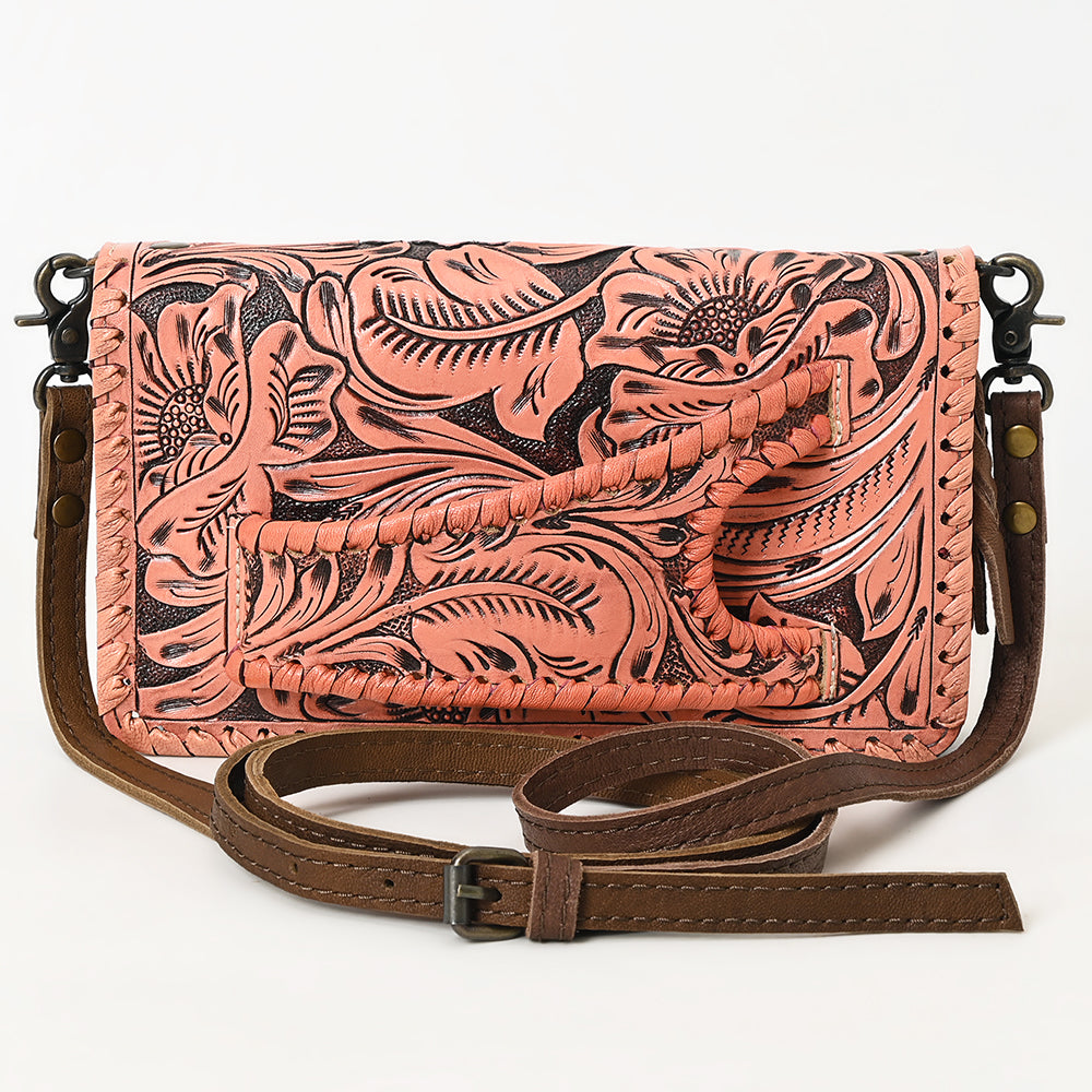 American Darling Western Hand-Tooled Leather Clutch Bag with Floral Carving