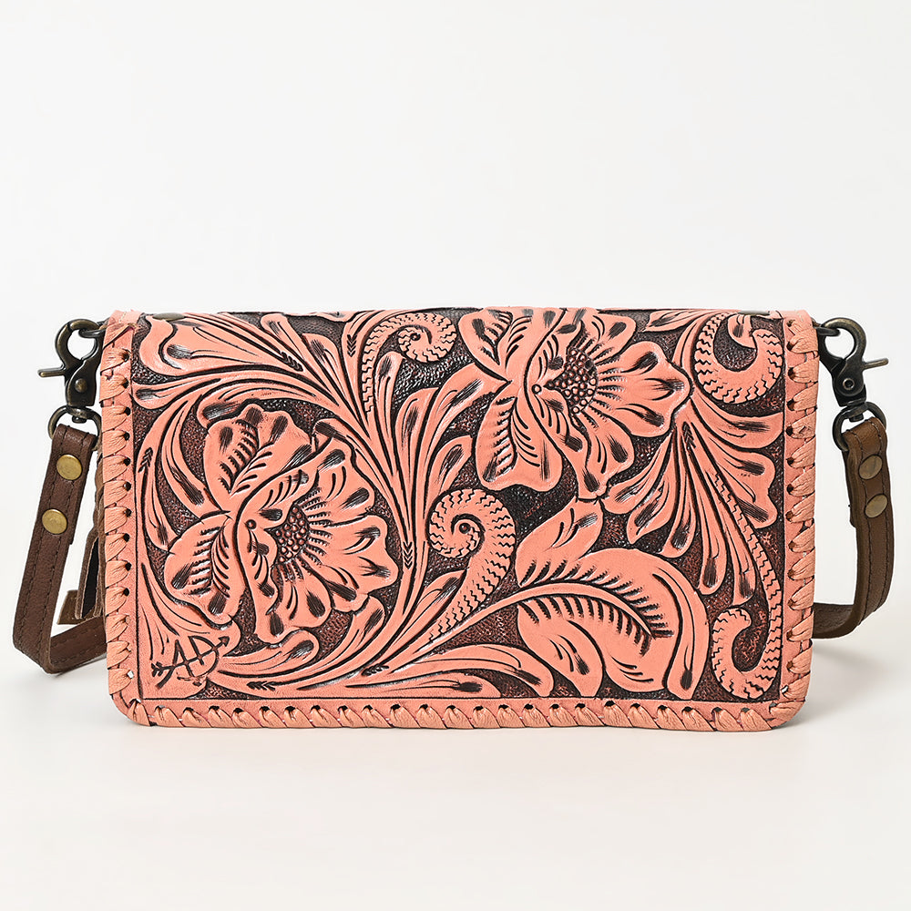 American Darling Western Hand-Tooled Leather Clutch Bag with Floral Carving