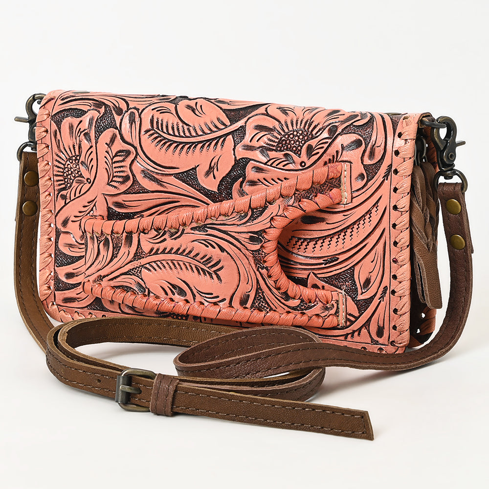 American Darling Western Hand-Tooled Leather Clutch Bag with Floral Carving