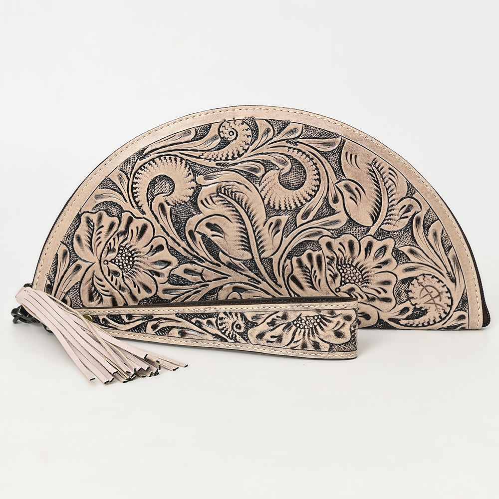 American Darling Hand-Tooled Western Leather Taco Bag - Genuine Floral Carved Designer Wristlet