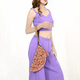 LC-ADBG1233H Hand-Tooled Leather Clutch - Semi-Circle Wristlet with Tassel