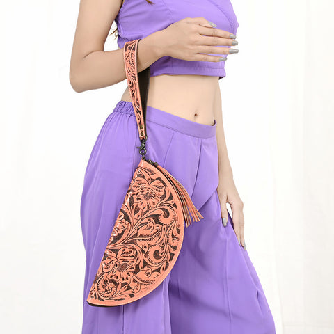 American Darling Hand-Tooled Western Leather Taco Bag - Genuine Floral Carved Designer Wristlet