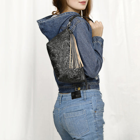 American Darling Hand-Tooled Western Leather Wristlet Bag - Genuine Floral Carved Women Clutch