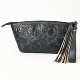 ADBG1234 Hand-Tooled Leather Wristlet Clutch - Floral Design with Tassel
