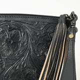 ADBG1234 Hand-Tooled Leather Wristlet Clutch - Floral Design with Tassel