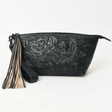 ADBG1234 Hand-Tooled Leather Wristlet Clutch - Floral Design with Tassel
