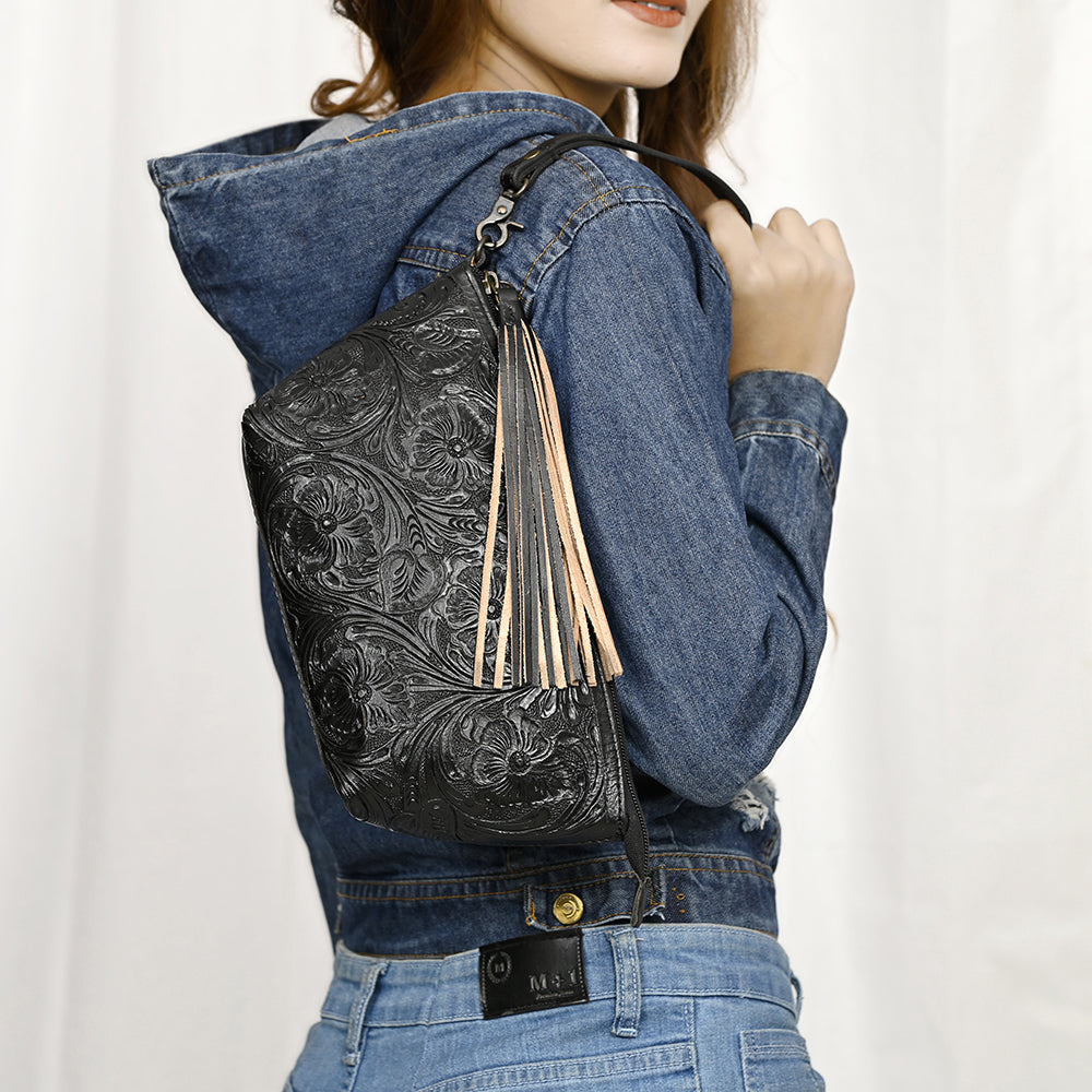 American Darling Hand-Tooled Western Leather Wristlet Bag - Genuine Floral Carved Womens Clutch