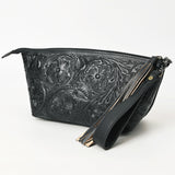 ADBG1234 Hand-Tooled Leather Wristlet Clutch - Floral Design with Tassel