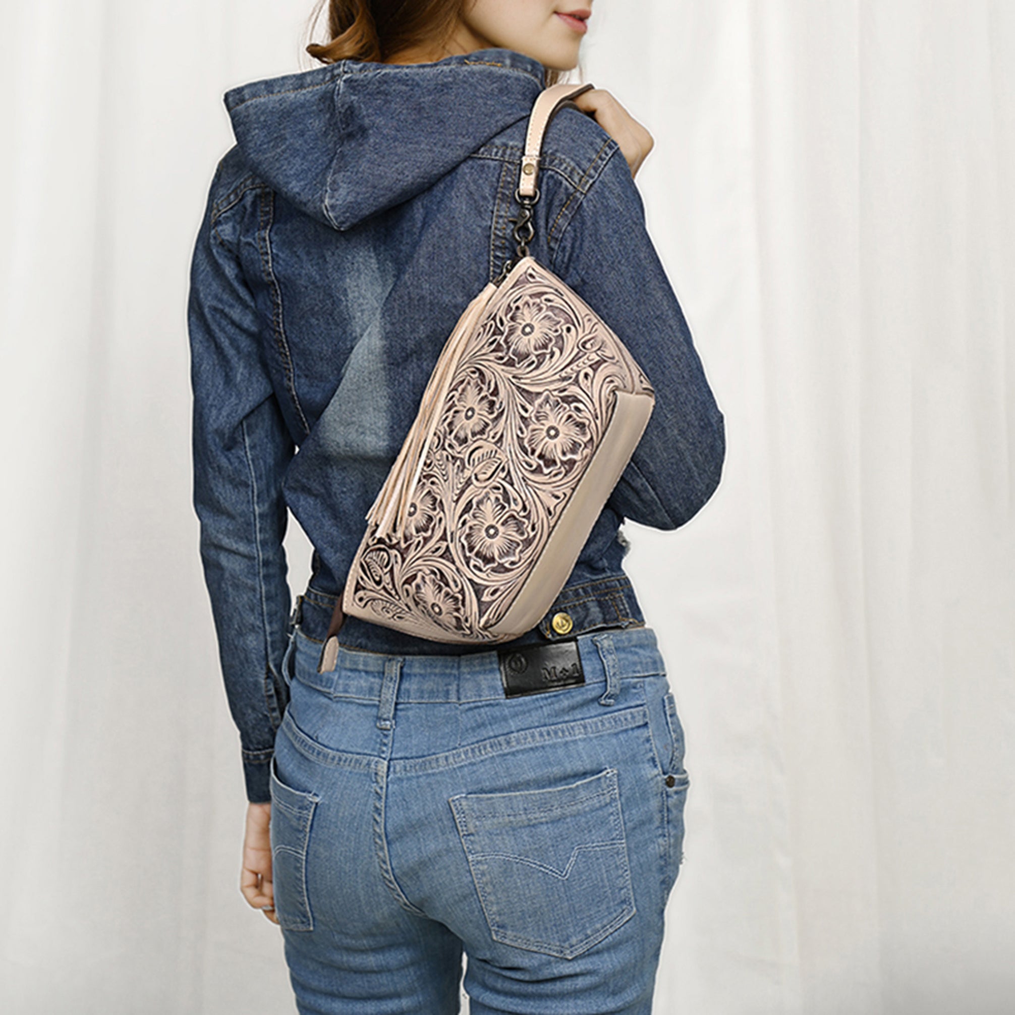 American Darling Hand-Tooled Western Leather Wristlet Bag - Genuine Floral Carved Womens Clutch