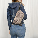 ADBG1234 Hand-Tooled Leather Wristlet Clutch - Floral Design with Tassel