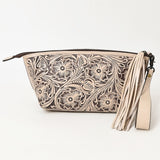 ADBG1234 Hand-Tooled Leather Wristlet Clutch - Floral Design with Tassel