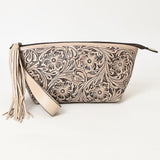 ADBG1234 Hand-Tooled Leather Wristlet Clutch - Floral Design with Tassel