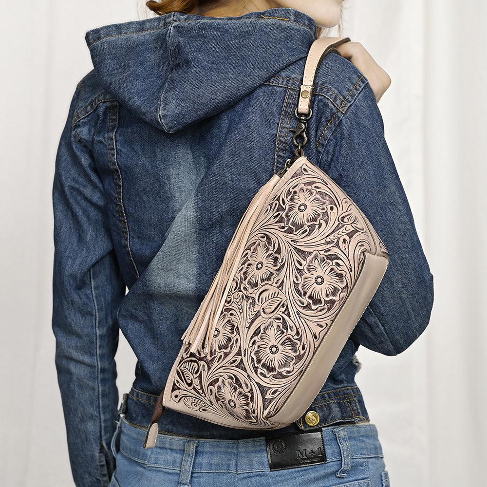 American Darling Hand-Tooled Western Leather Wristlet Bag - Genuine Floral Carved Womens Clutch