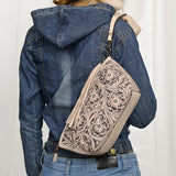 ADBG1234 Hand-Tooled Leather Wristlet Clutch - Floral Design with Tassel