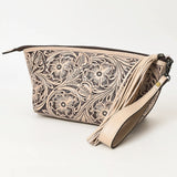 ADBG1234 Hand-Tooled Leather Wristlet Clutch - Floral Design with Tassel