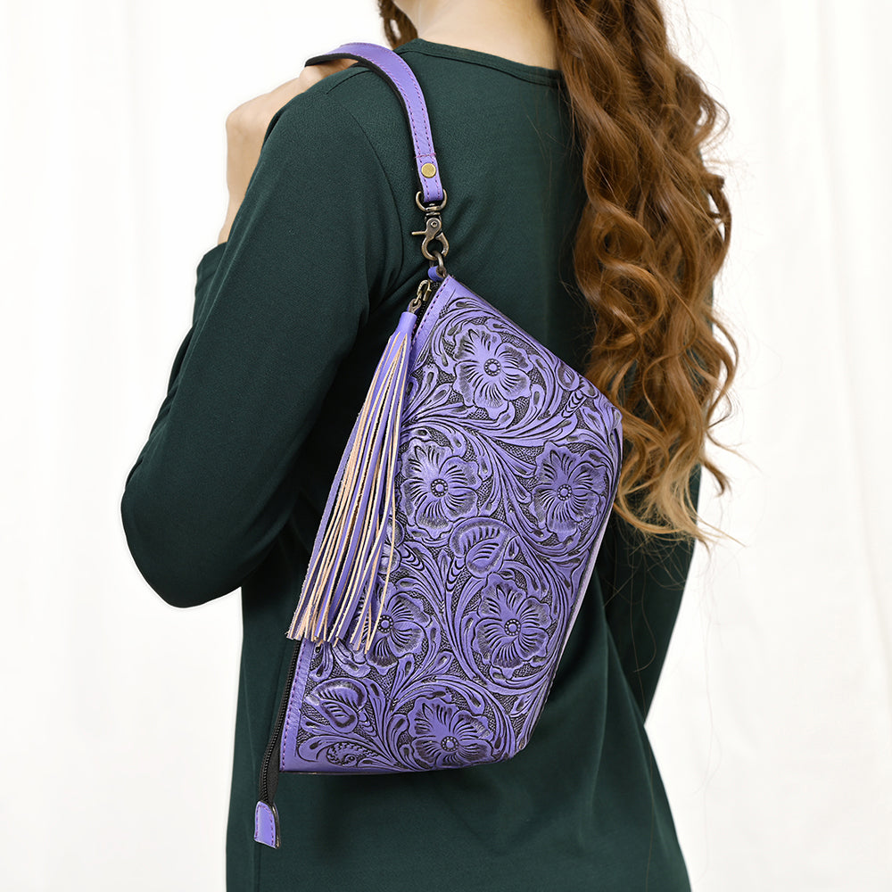 American Darling Hand-Tooled Western Leather Wristlet Bag - Genuine Floral Carved Womens Clutch