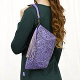 ADBG1234 Hand-Tooled Leather Wristlet Clutch - Floral Design with Tassel