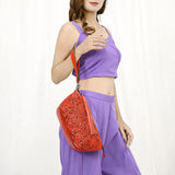 ADBG1234 Hand-Tooled Leather Wristlet Clutch - Floral Design with Tassel