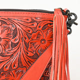 ADBG1234 Hand-Tooled Leather Wristlet Clutch - Floral Design with Tassel