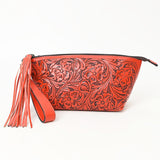 ADBG1234 Hand-Tooled Leather Wristlet Clutch - Floral Design with Tassel