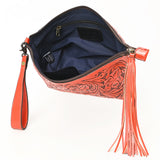 ADBG1234 Hand-Tooled Leather Wristlet Clutch - Floral Design with Tassel